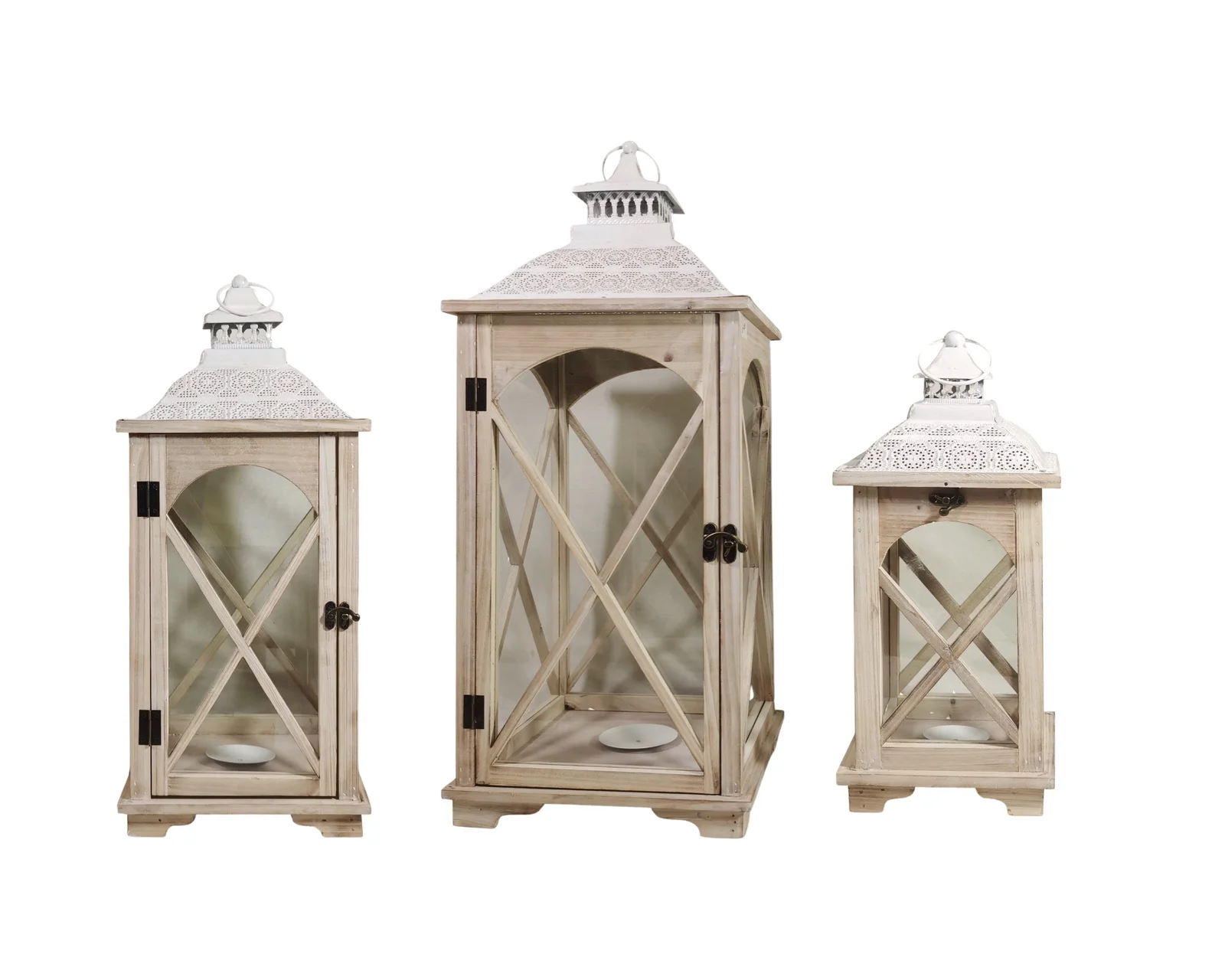 Set 3 Natural Wooden Lantern w White Metal Top 75cm
