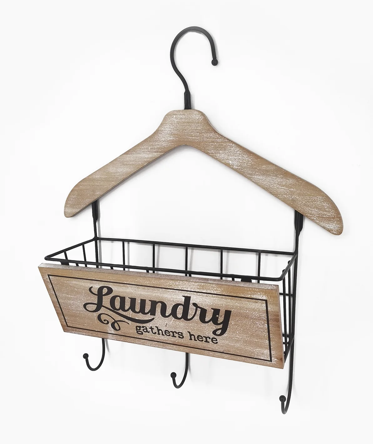 Wooden Laundry Hanger W Basket & 3 Hooks 40x48cm