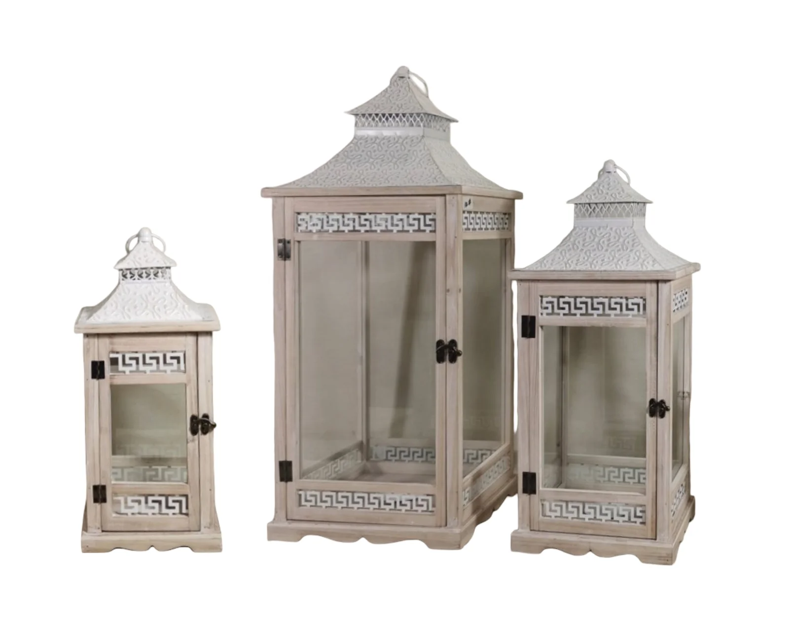 Set 3 Wooden Aegean Heritage Lanterns 77cm