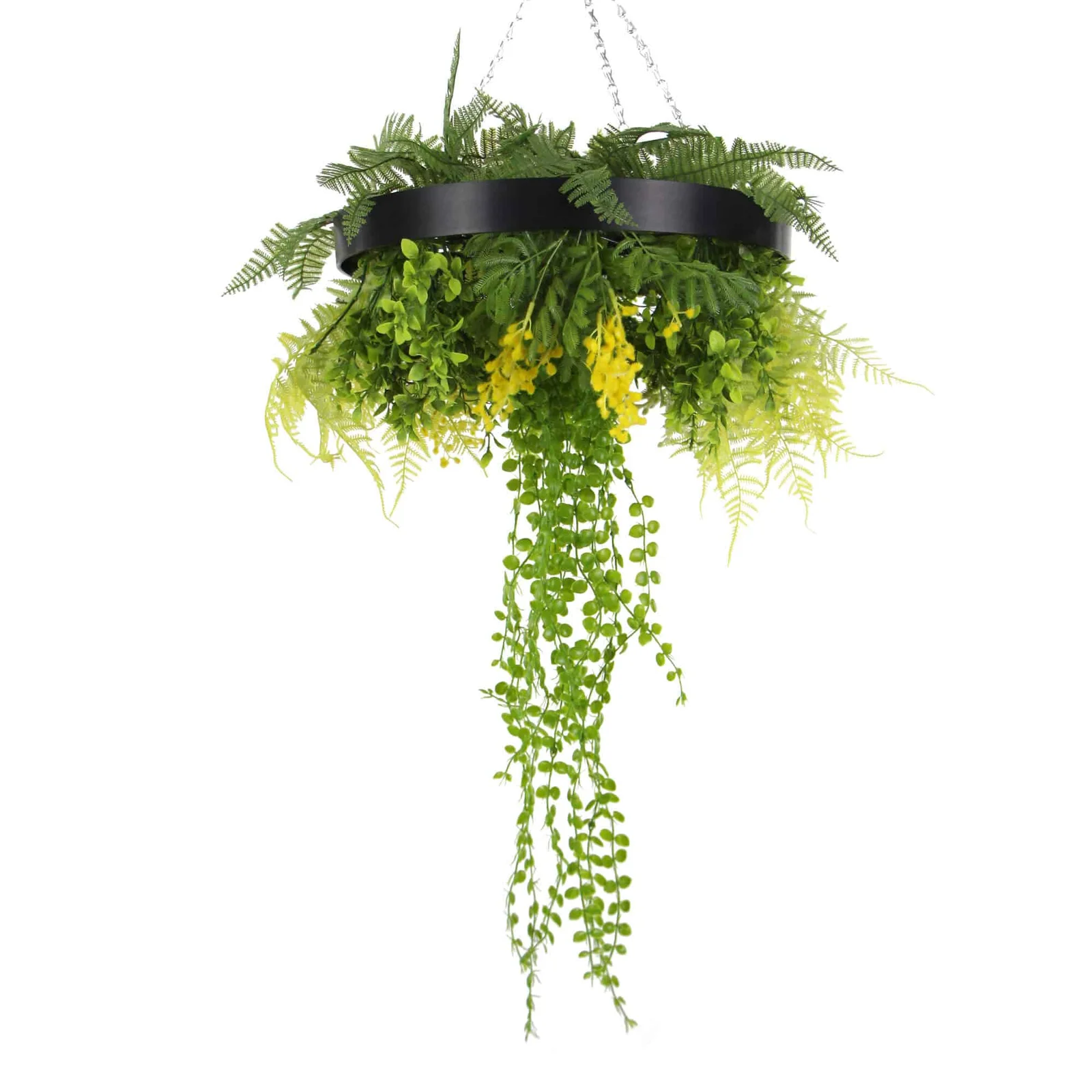 Black Framed Roof Hanging Disc with Draping Life-like Plants 40cm