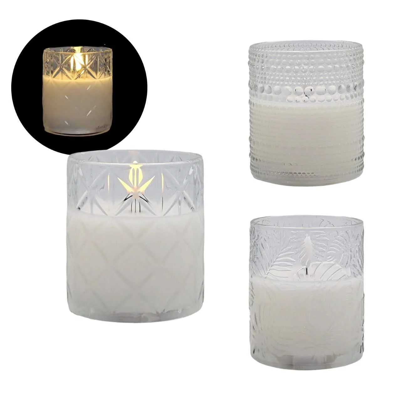 bulk 12 Patterned Glass Jar Led Candle Assort 10cm