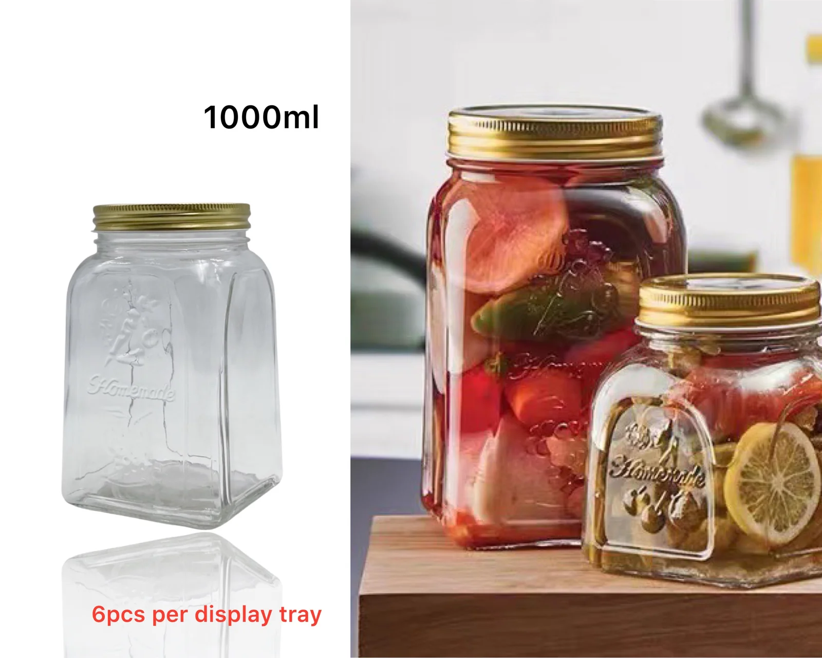 bulk 18 Glass Square Jar w Gold Metal Lid 1000ml
