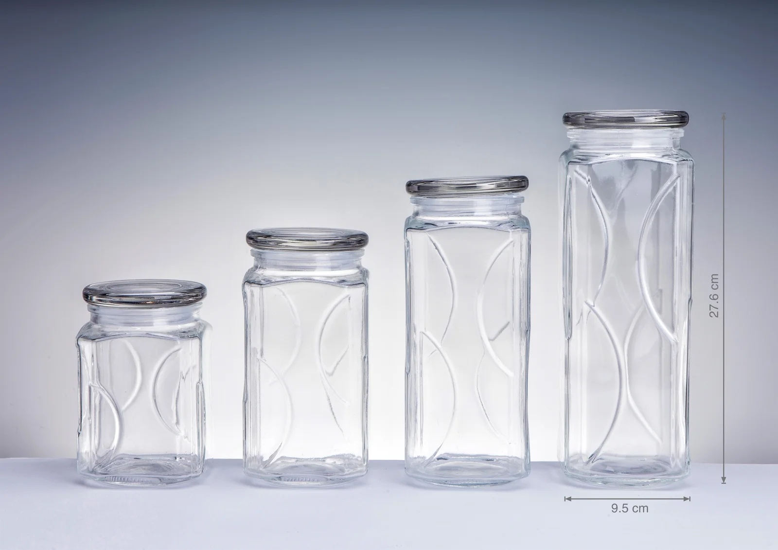 bulk 12 Swirl Embossed Squ Glass Jar w Glass Lid 27cm