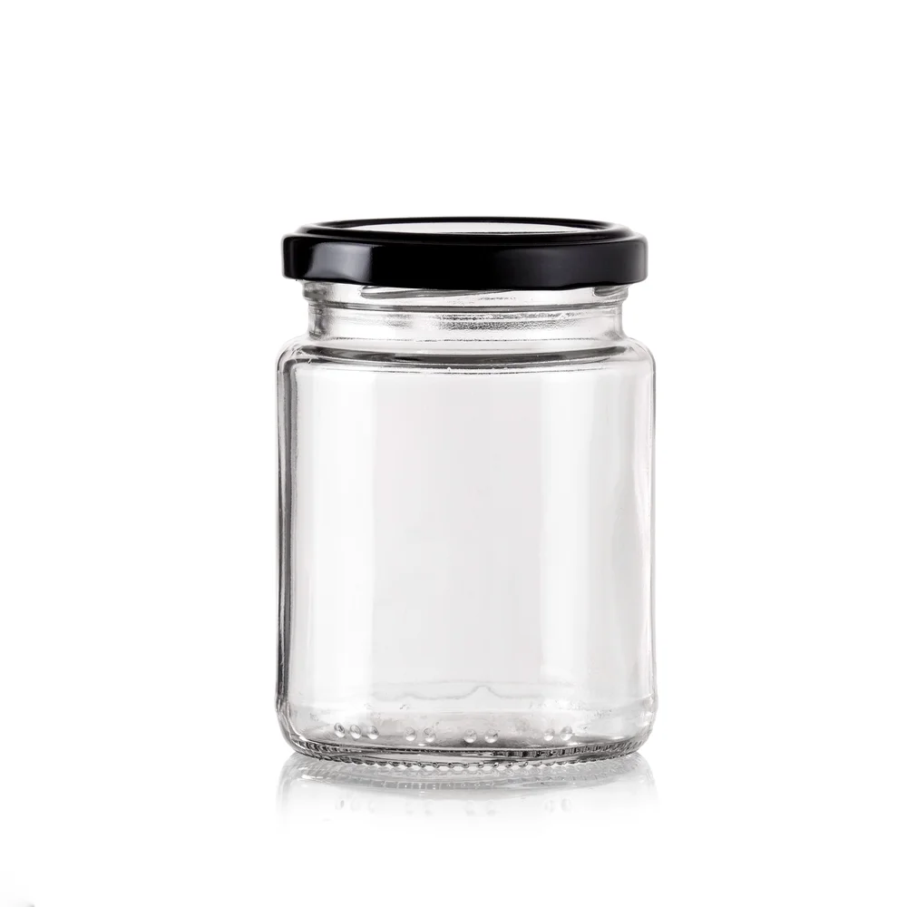 bulk 48 Glass Jar Round w Black Lid 200ml Canister 9cm