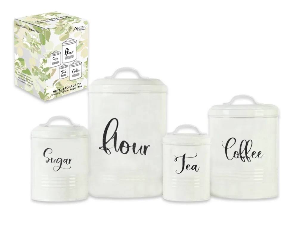 Set 4 Metal Kitchen Tin Sugar Flower Tea Coffee Food Container 25cm