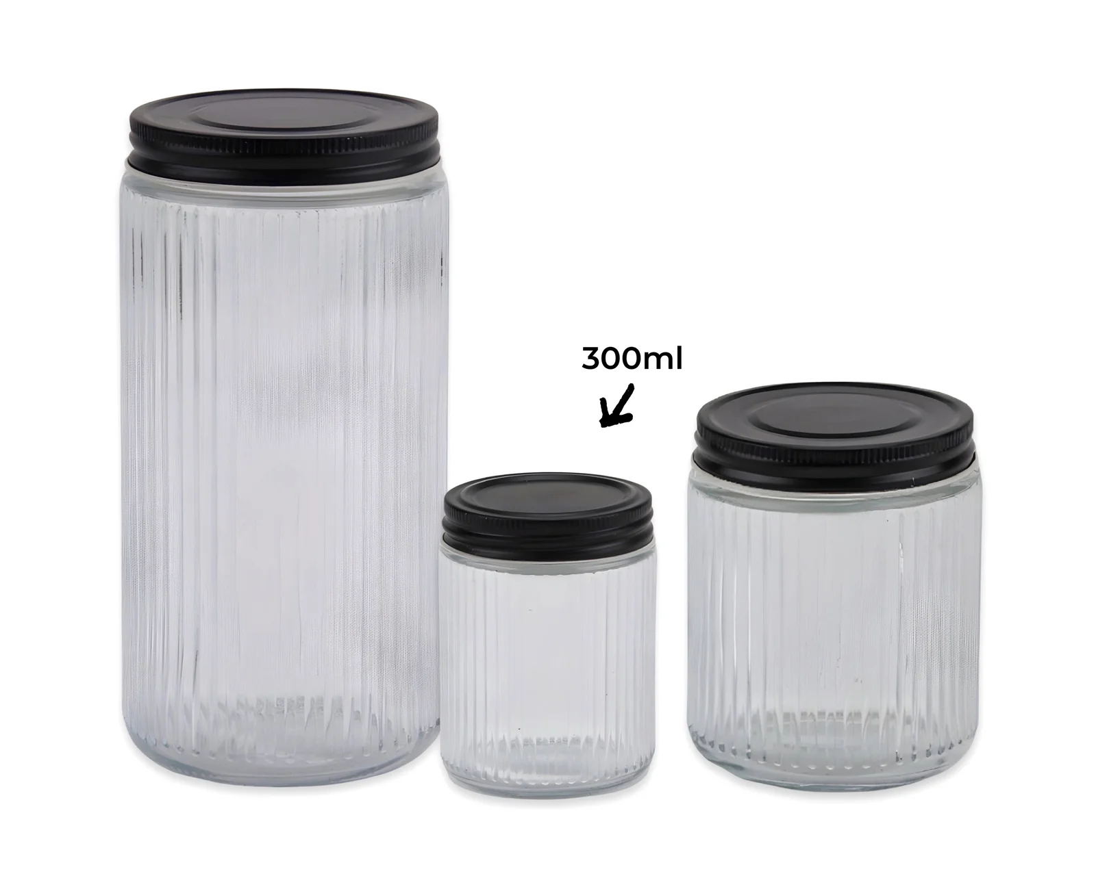 bulk 24 Ribbed Glass Jar With Metal Lid 300ml 7x10cm