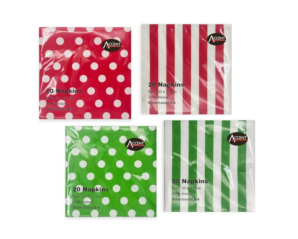 bulk 960 Red & Green Dots Stripes 2ply Napkin 33cm
