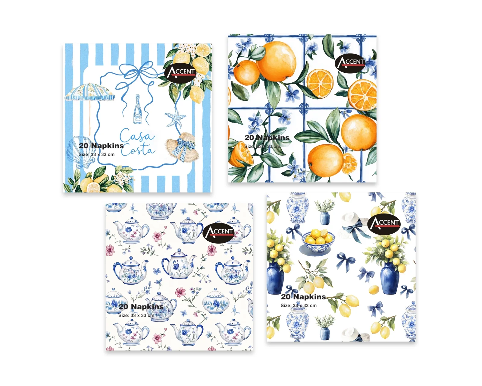 bulk 960 Casa Costa Napkins 2Ply 4 Asst 33cm