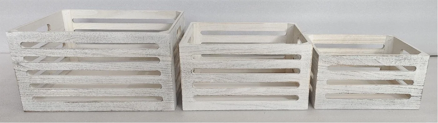 Set 3 Wood Crates White Wash 40x22cm