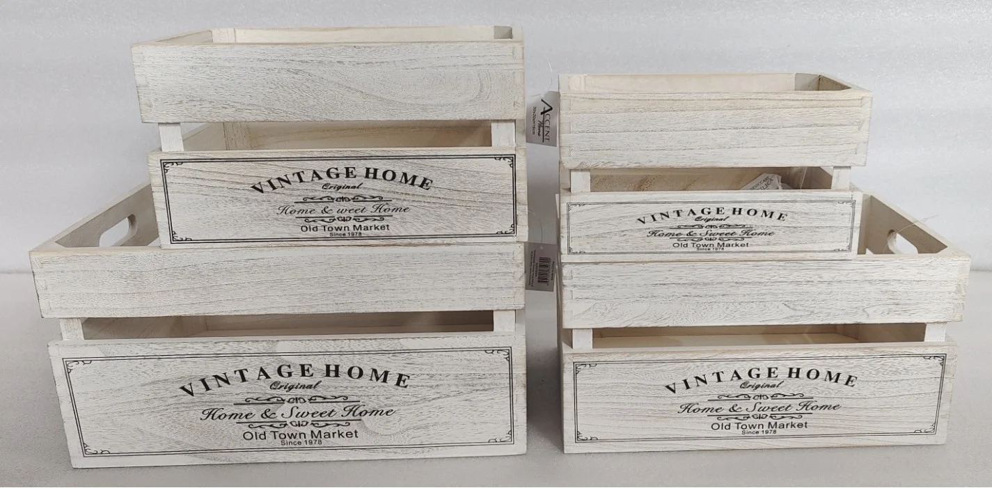 Set 4 Vintage Home Wood Crate White Wash 40x20cm