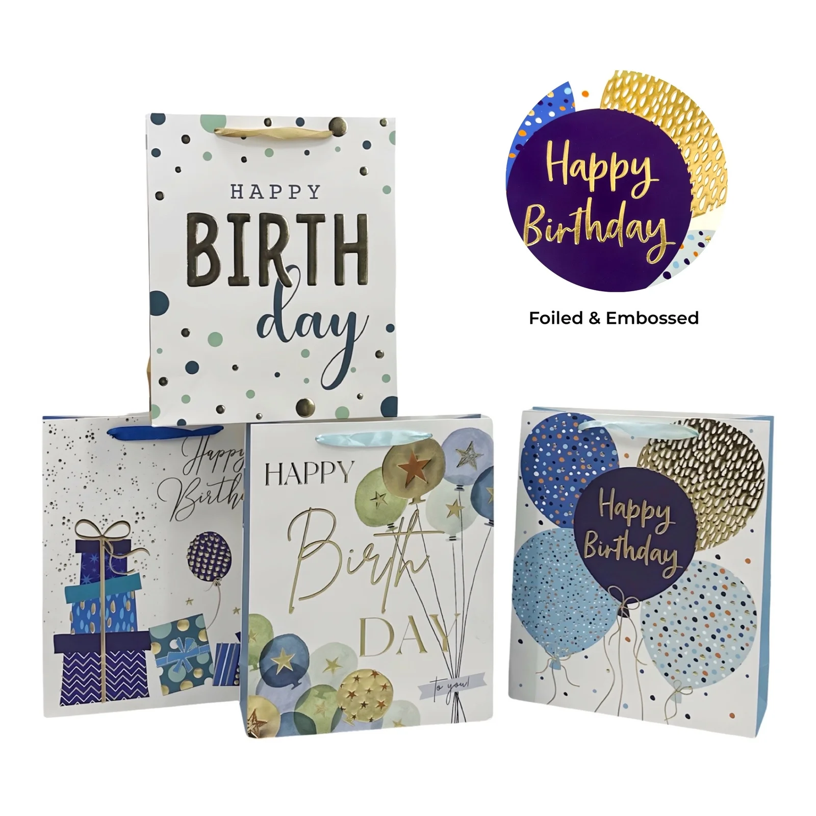 Bulk 24 Medium Foil & Embossed Birthday Gift Bag 4 Assort 17x23cm