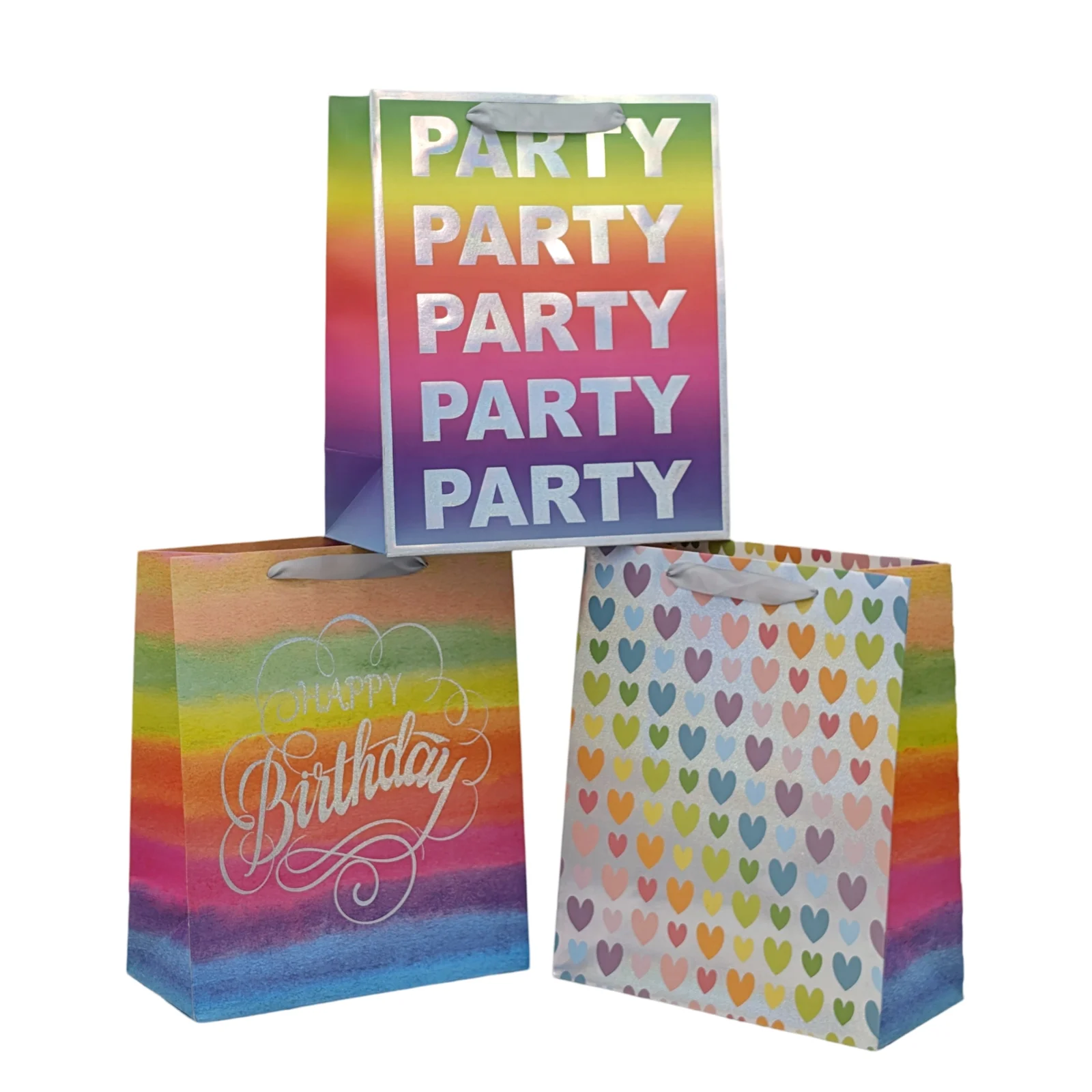 bulk 24 Medium Rainbow Celebration Gift Bag 3 Assort 23cm