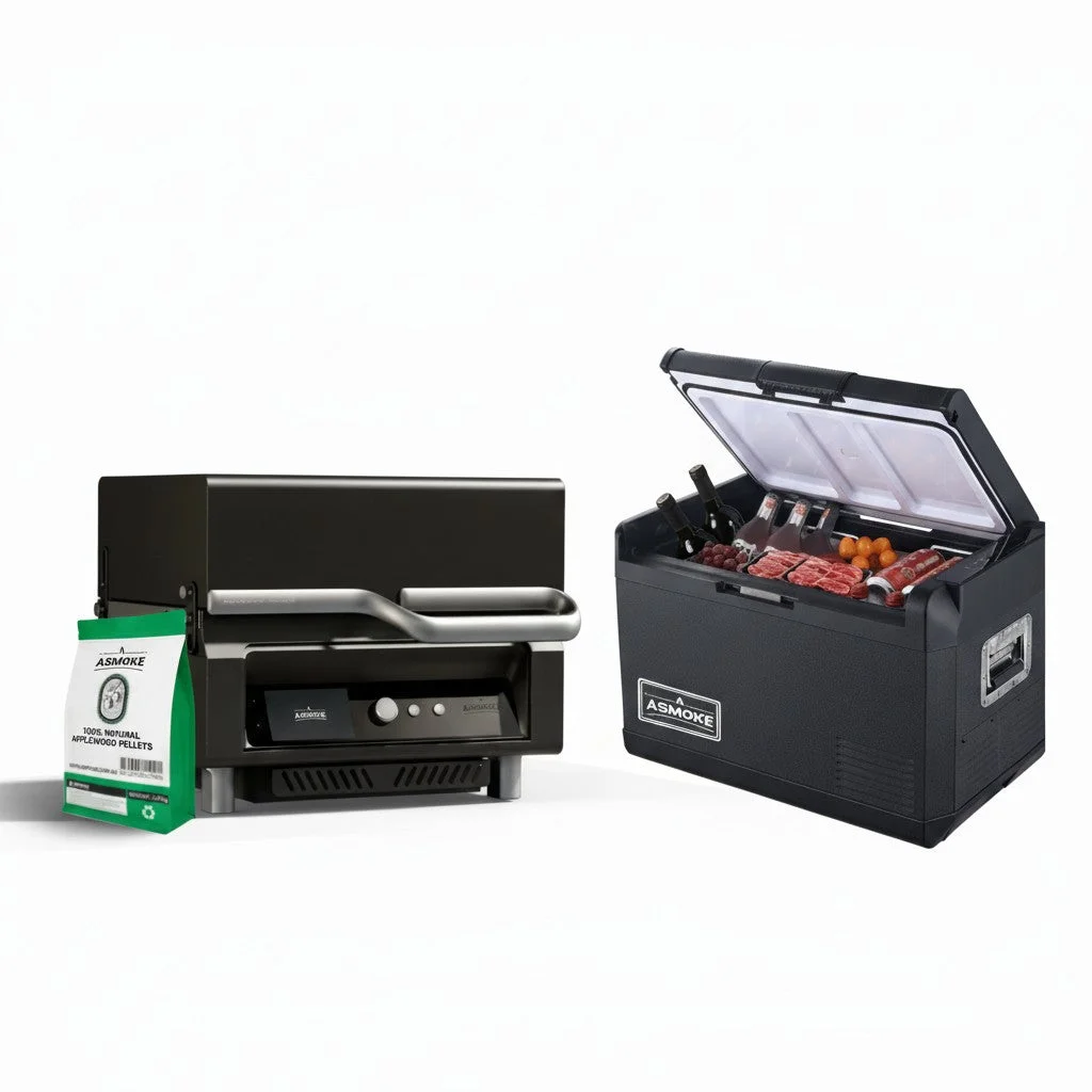 ASMOKE Essential Portable Wood Pellet Grill & 47L Mini Fridge Bundle + 5lb Apple Wood Pellets