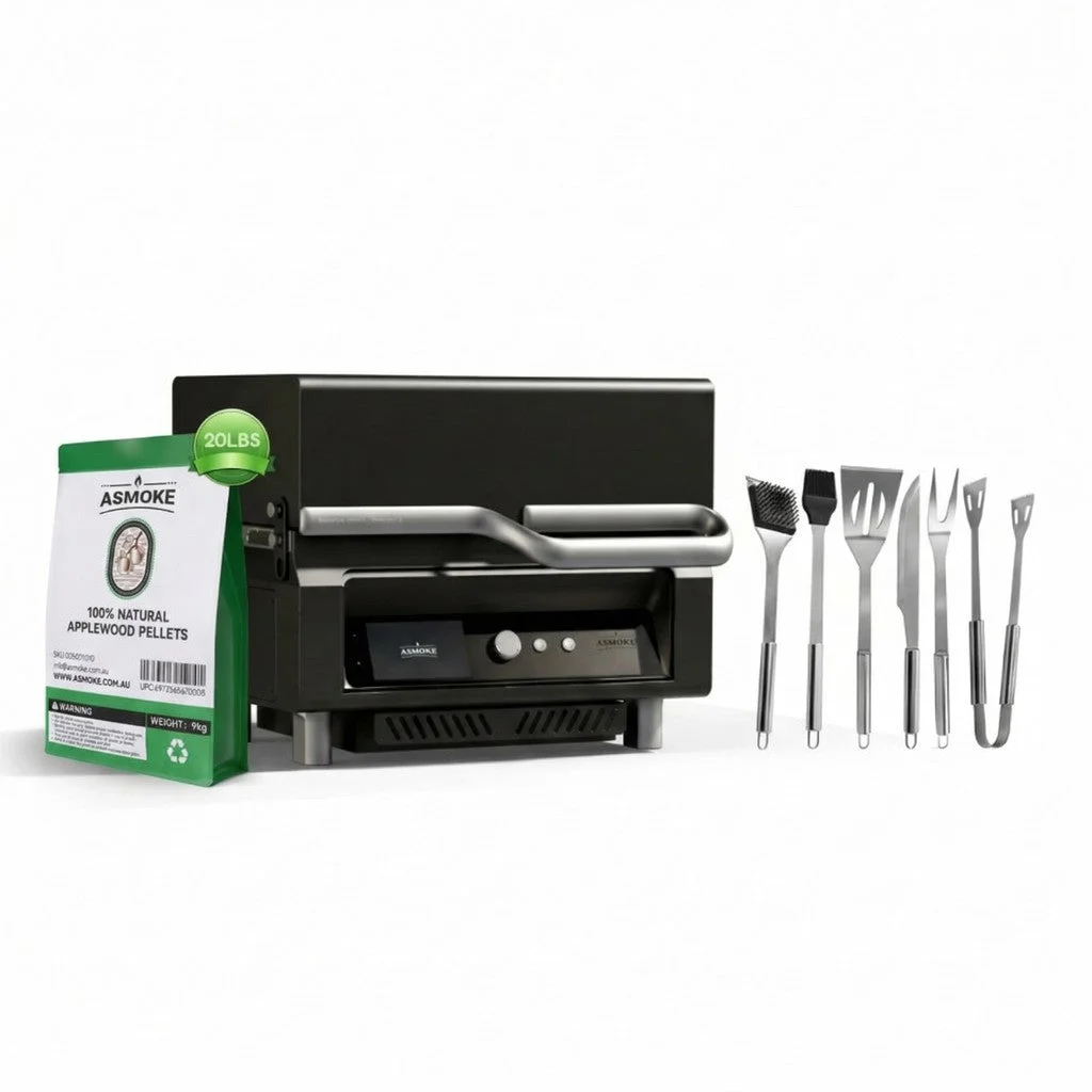ASMOKE Essential Portable Smart Wood Pellet Grill Smoker & 6pc BBQ Tool Set + 20lb Applewood Pellets Bundle