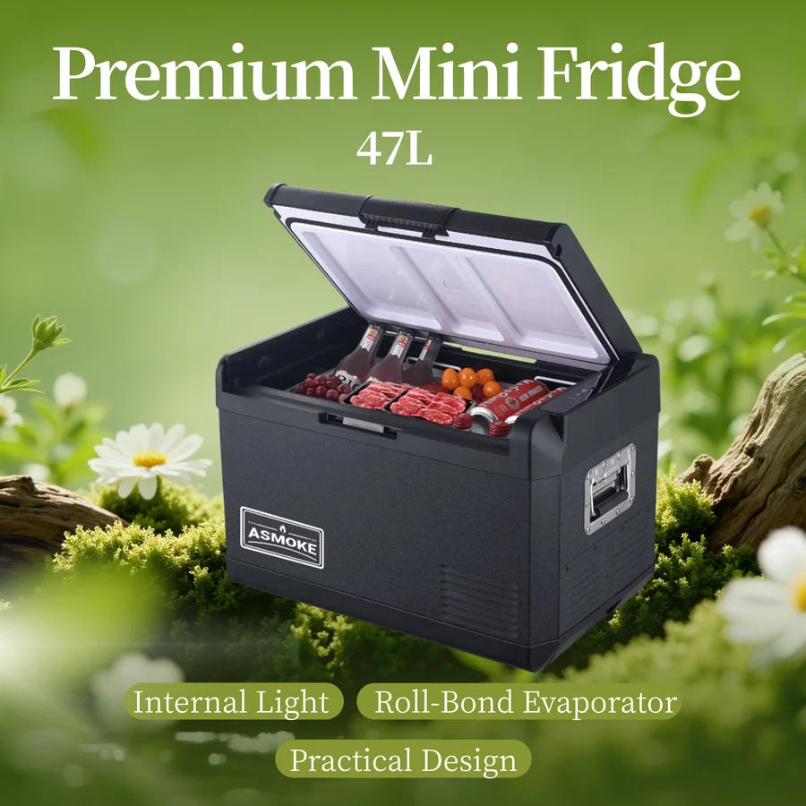 ASMOKE Premium Mini Fridge | 47L Compact Refrigerator with Roll-Bond Evaporator & Internal Light