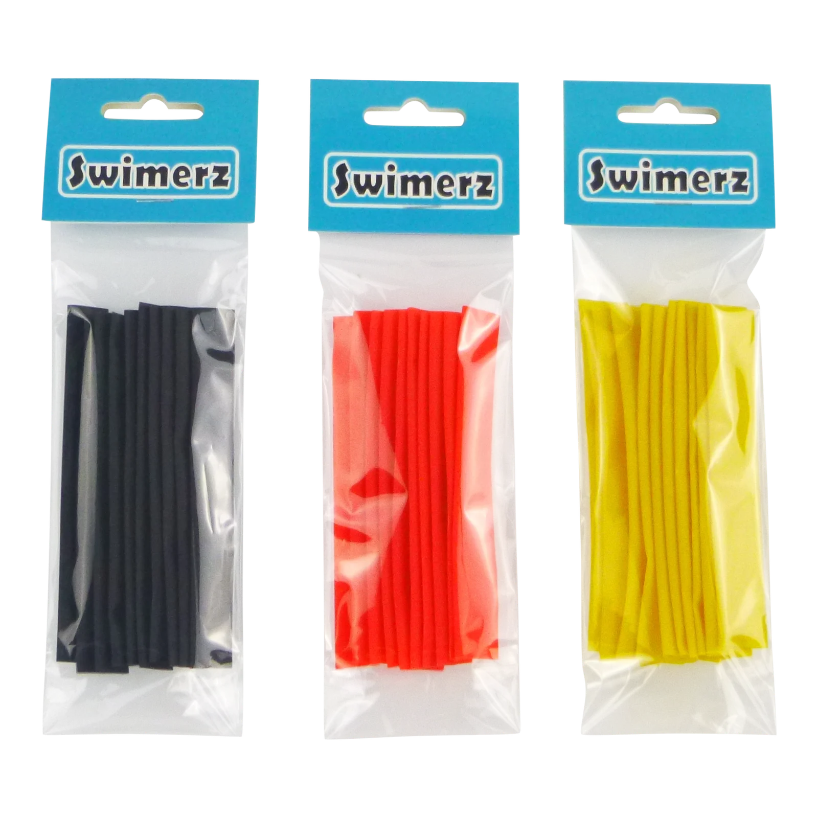 Swimerz Assist Hook Sleeves, 8/10mm Shrink Tube, Black, Yellow & Red, 100mm. Qty 30.
