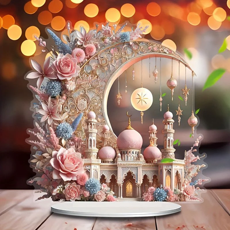 2D Ramadan Crescent Moon & Mosque Acrylic Decor