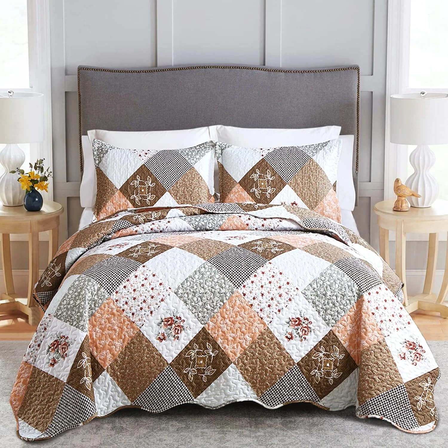 Gleaming rust brown colo patchwork 3 Pc Bedspread & Pillow Cover Set