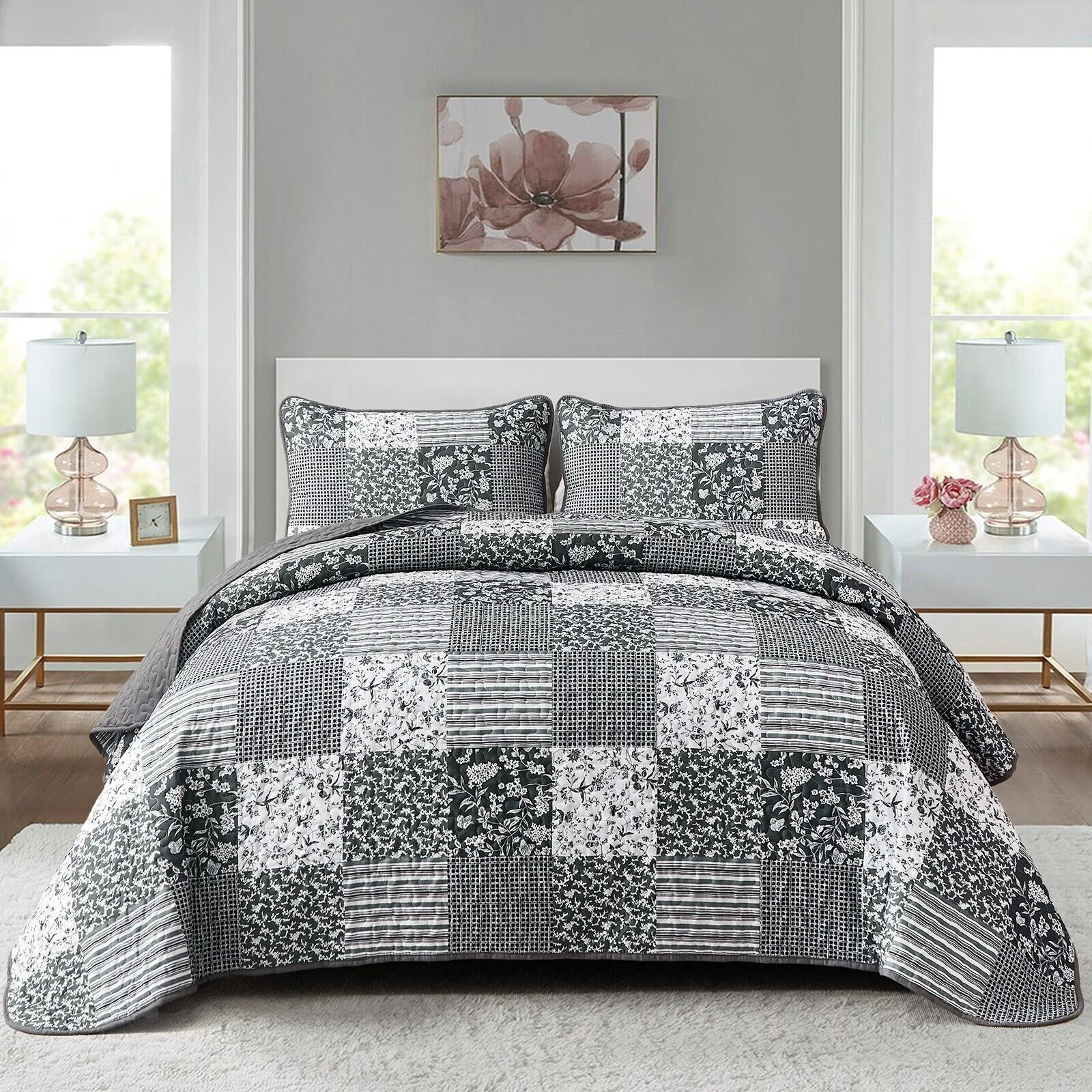 Lush Blush patch Floral 3 Pc Bedspread & Pillow Cover Set