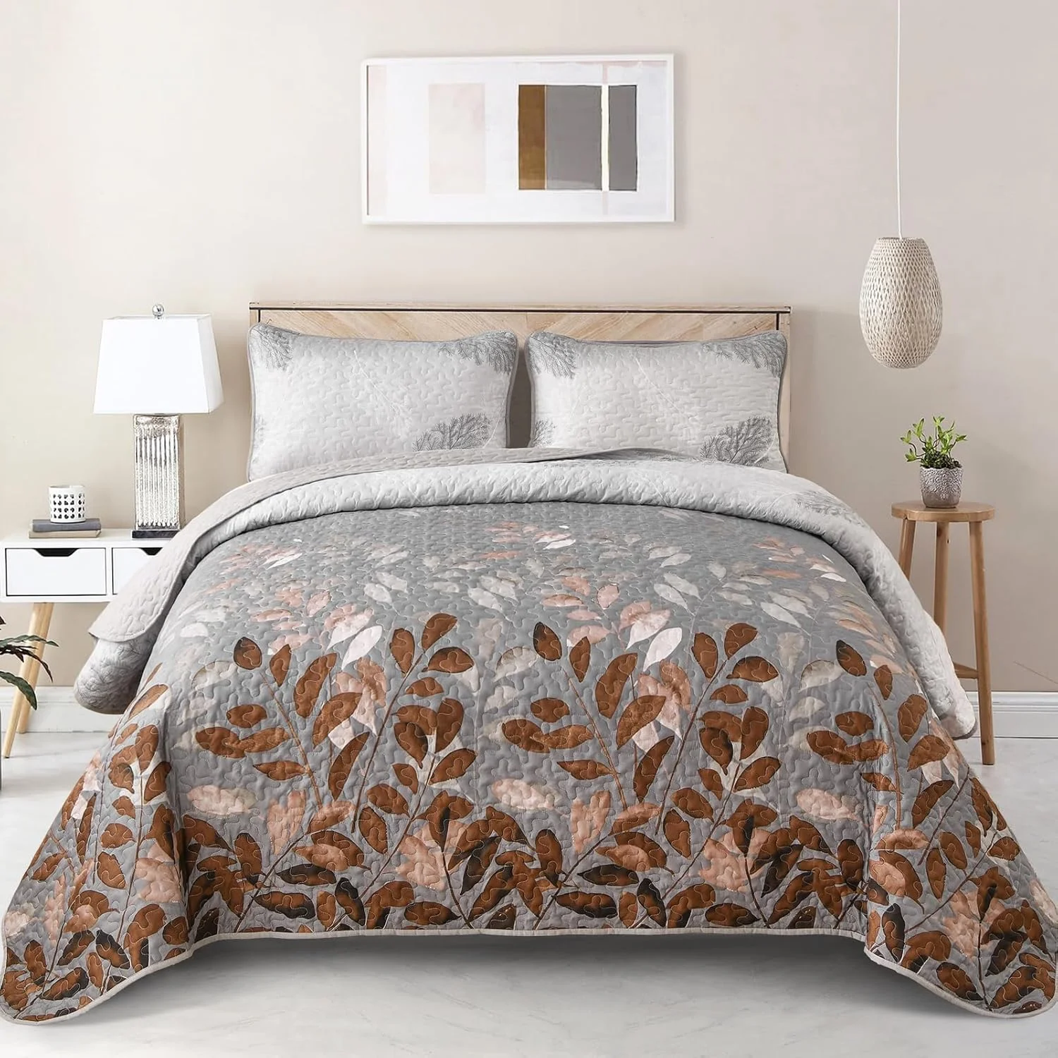 Gleaming rust grey Floral 3 Pc Bedspread & Pillow Cover Set