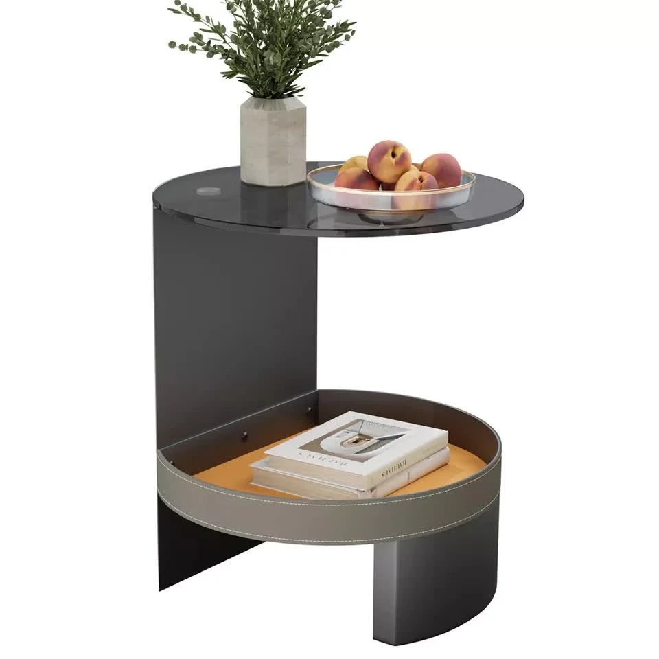 2 Tier Luxury Side End Table Glass Top Saddle Leather Storage Shelf Accent Table