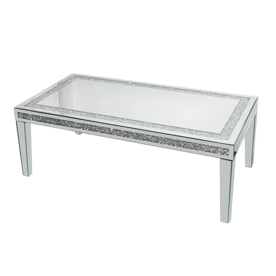 Silver Mirrored Coffee Table with Crushed Crystal Diamond Inlay Rectangular Center Table for Living Room