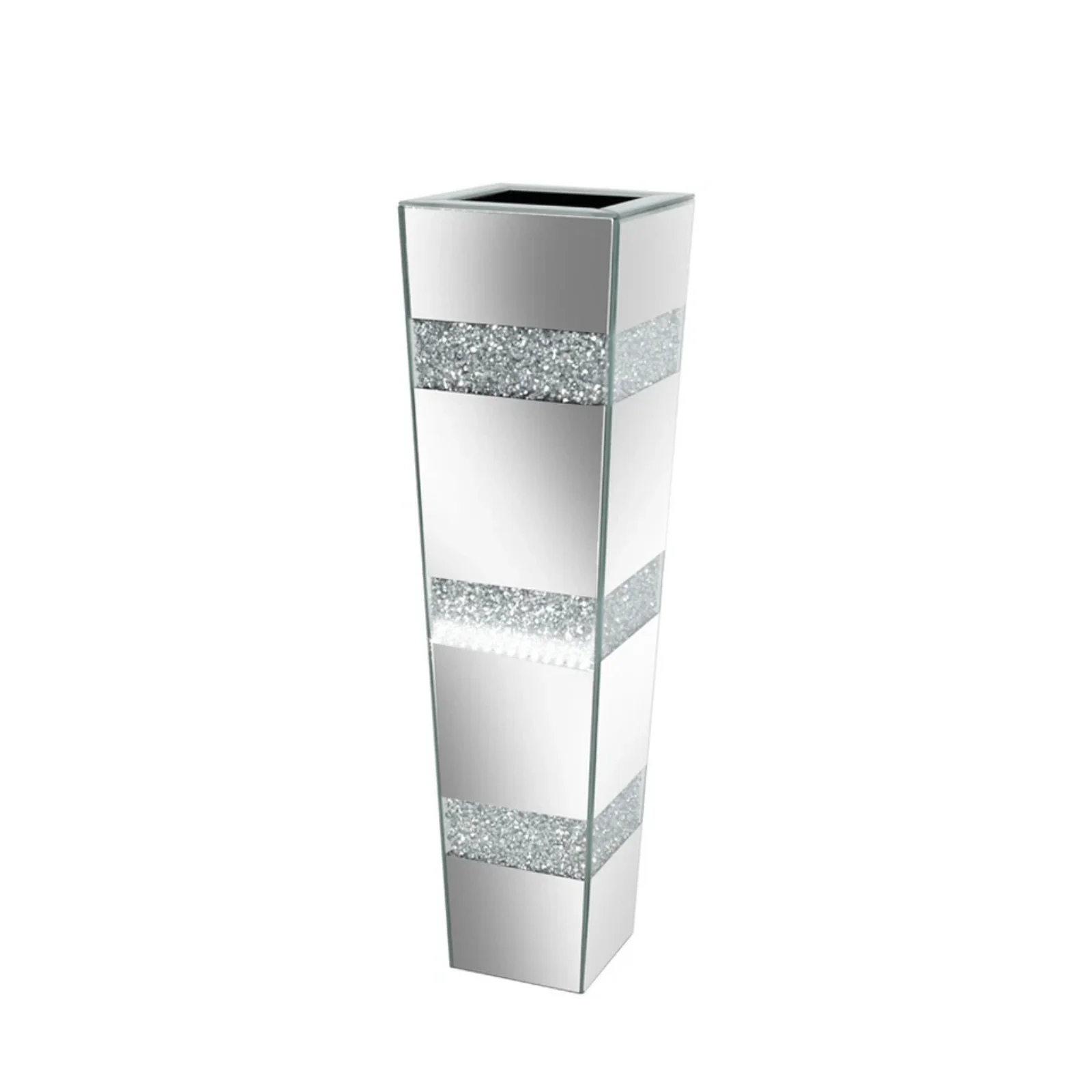 P&P Silver Crushed Diamond Flower Vase with Mirrored Glass for Elegant Home Decoration