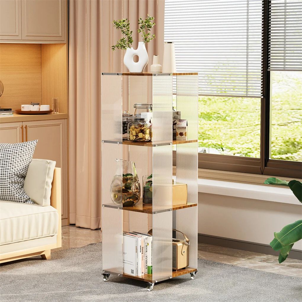  4-Tiered Floor Standing Storage Rack Acrylic Bookshelf with Crystal-like Casters