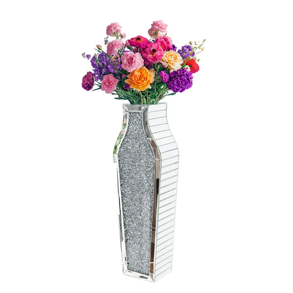 Sparkling Crushed Diamond Mirrored Floor Vase Tall Silver Glass Fake Flower Vase