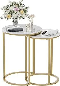  2Pcs Gold Marble Nesting Side End Tables Round Small Stacking Drink Coffee Table
