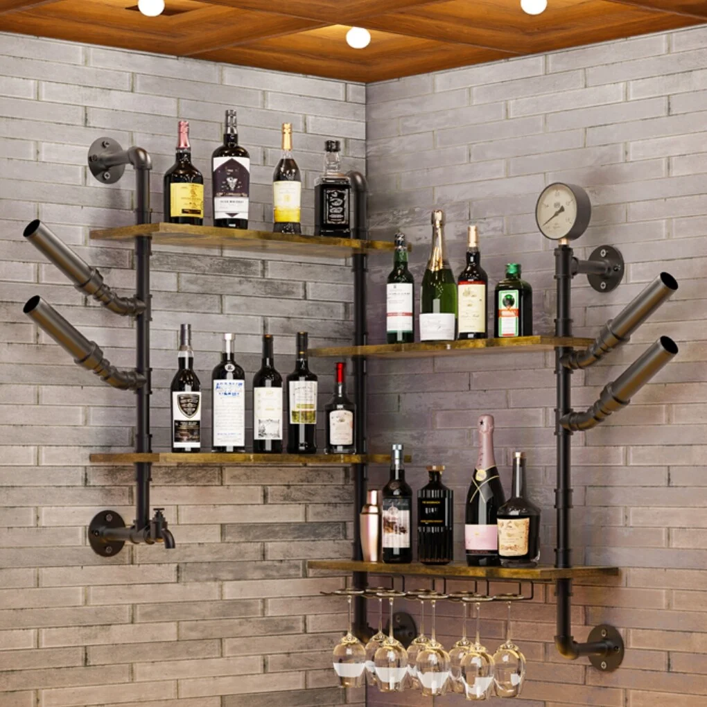 Industrial Pipe Bar Wall Liquor Shelf Floating Shelves with Wine Glass Holder