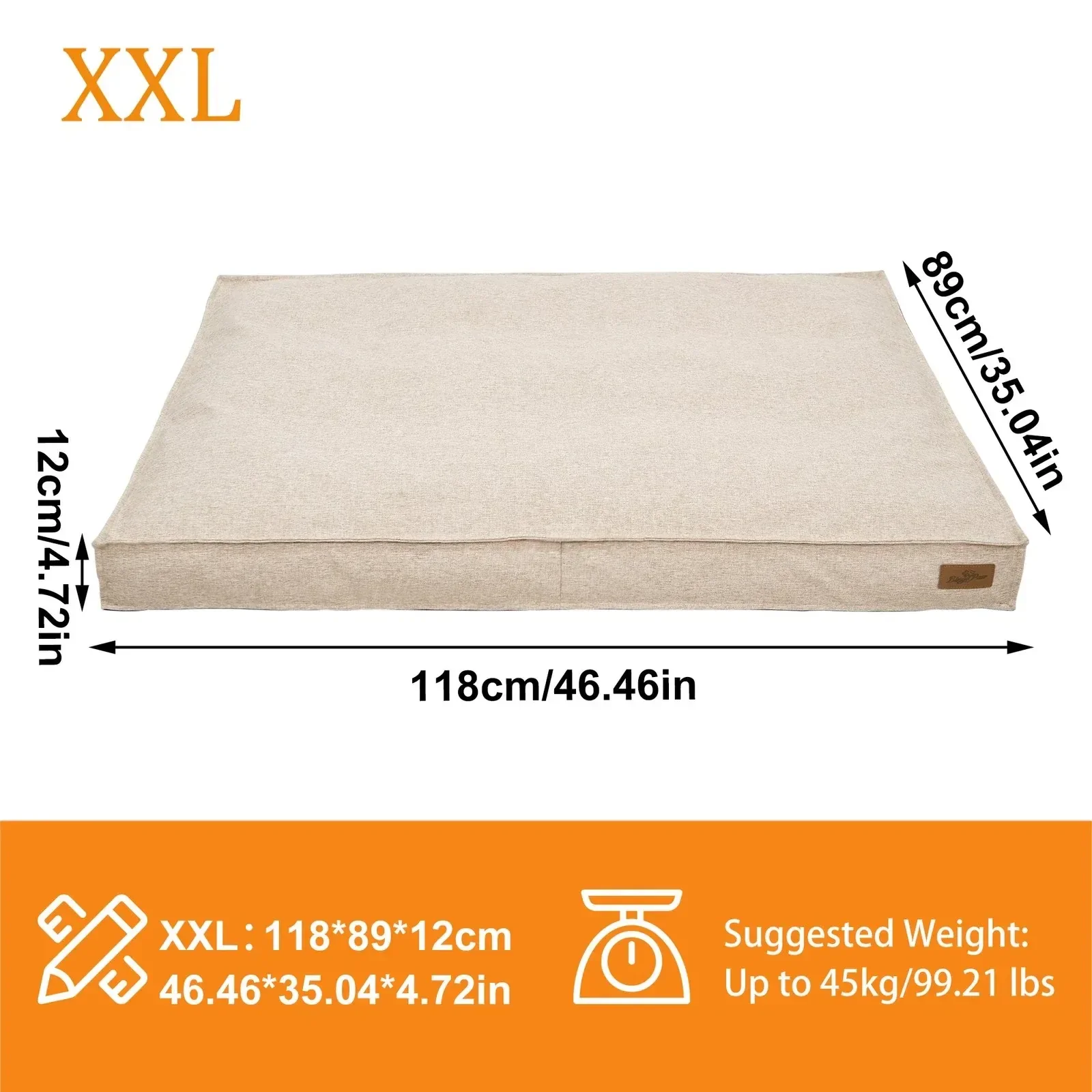 Washable Waterproof Dog Bed Sofa with Removable Cover - Orthopedic Linen Pet Pillow Bed for Small Medium Large Dogs, Non-Slip Base, Khaki, 2XL