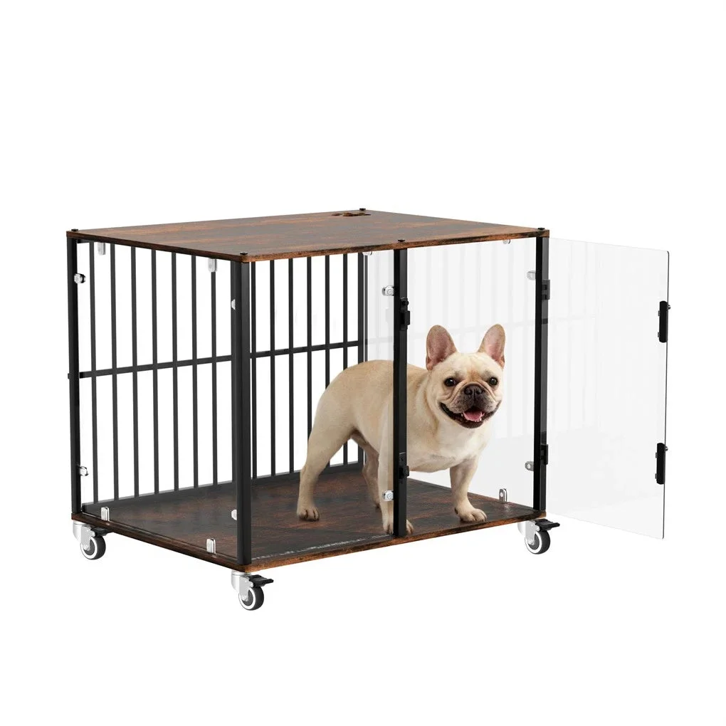 Anti-Bite Glass Indoor Dog Cage - Modern Furniture Style Dog Kennel End Table with Lockable Wheels and Double Doors
