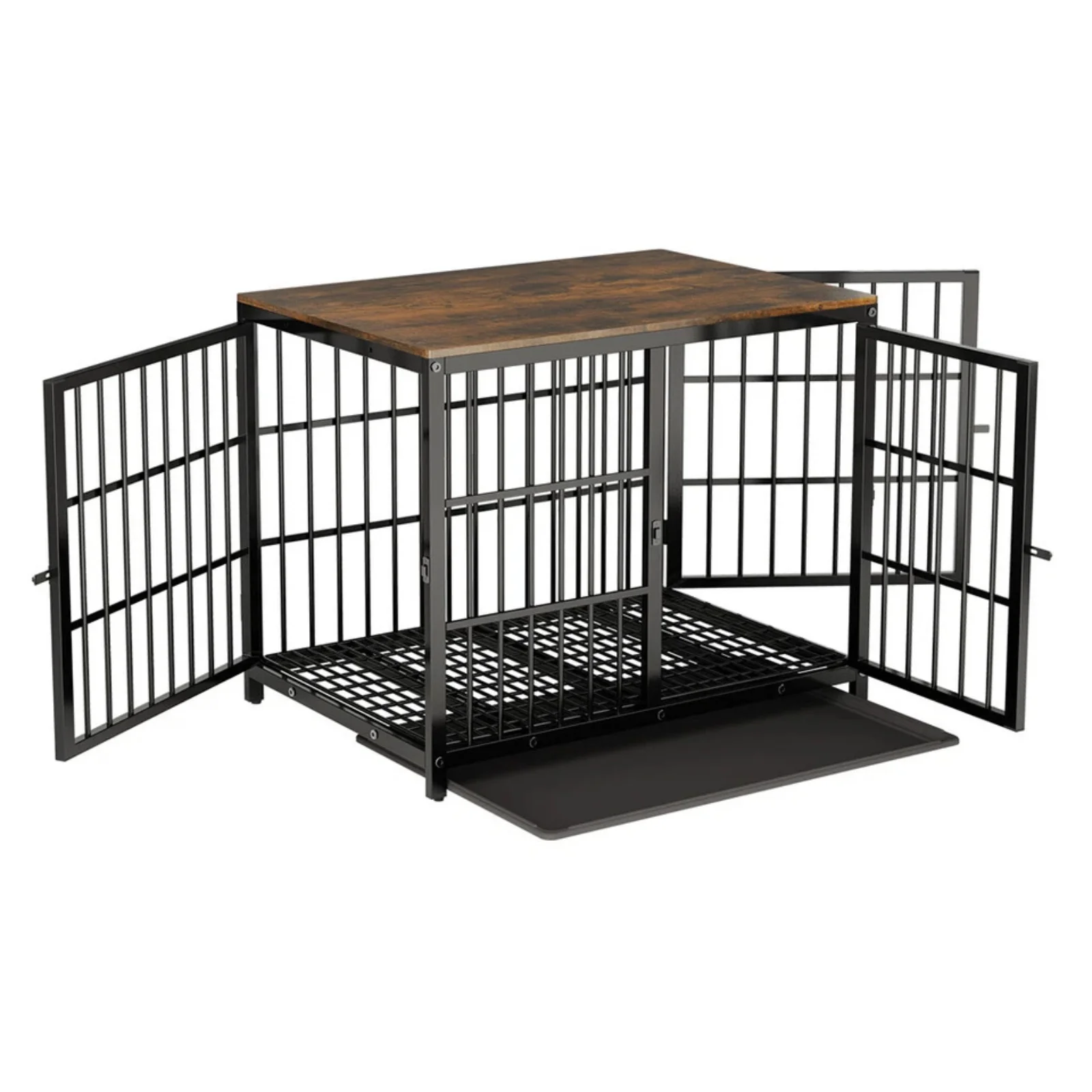 P&P Black Walnut Dog Crate with Wooden Furniture Style, 3-Door Entry and Slide Out Tray