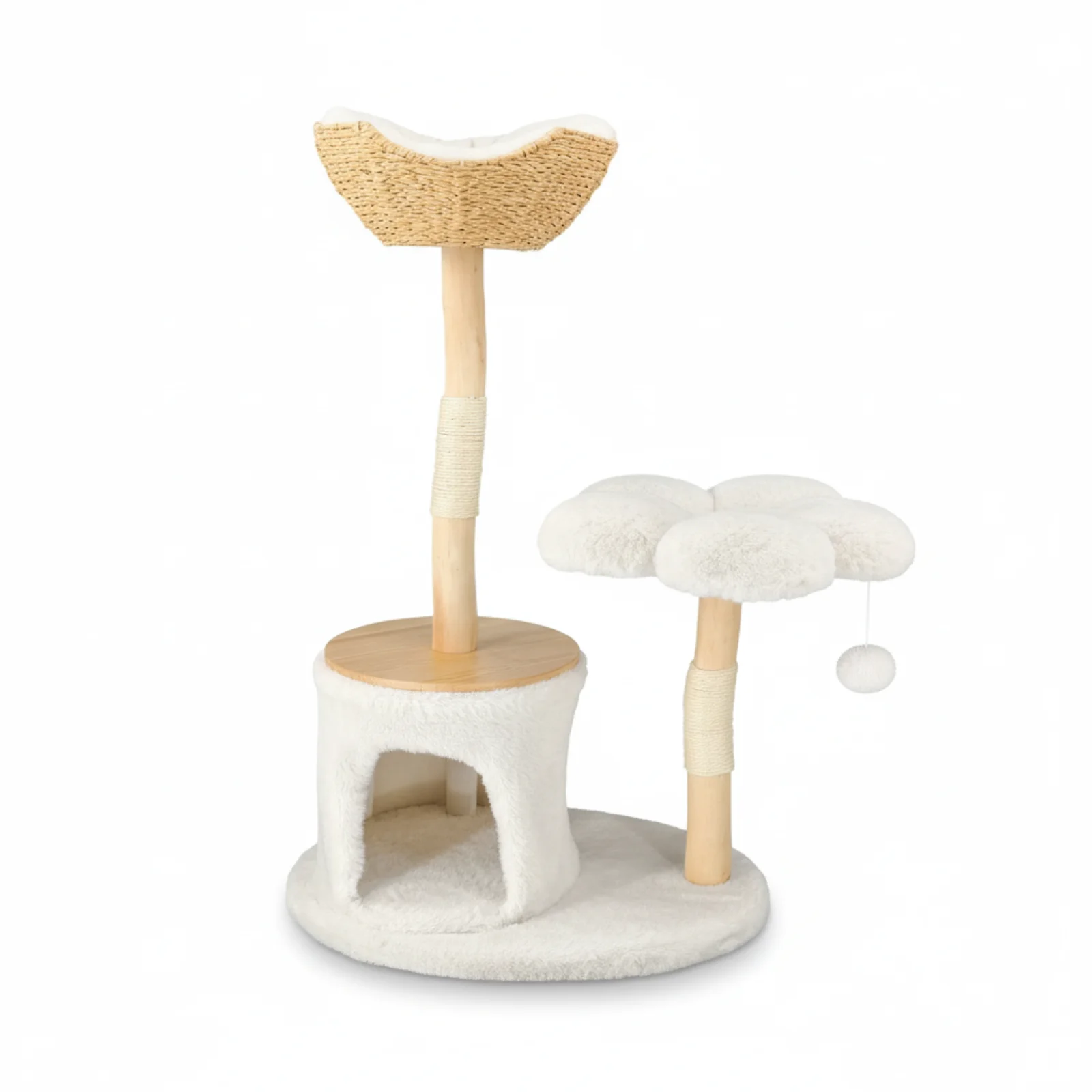 P&P Natural Wood White Cat Tree Tower with Basket, Condo and Sisal Scratching Posts