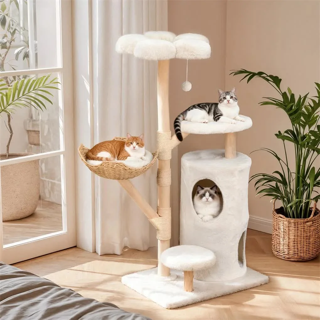142cm Large Tall Cat Tree Tower with Soft Flower Perch & Condo - Multi-Level Cat Furniture for Kittens & Adult Cats