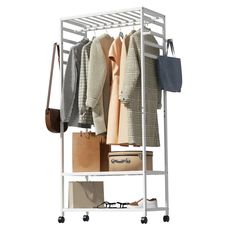 XXL Bamboo Clothes Rail Coat Rack with Wheels, Wooden Open Wardrobe Garment Organizer with Hanging Rod, Shelves and Hooks, White Freestanding Clothes Stand