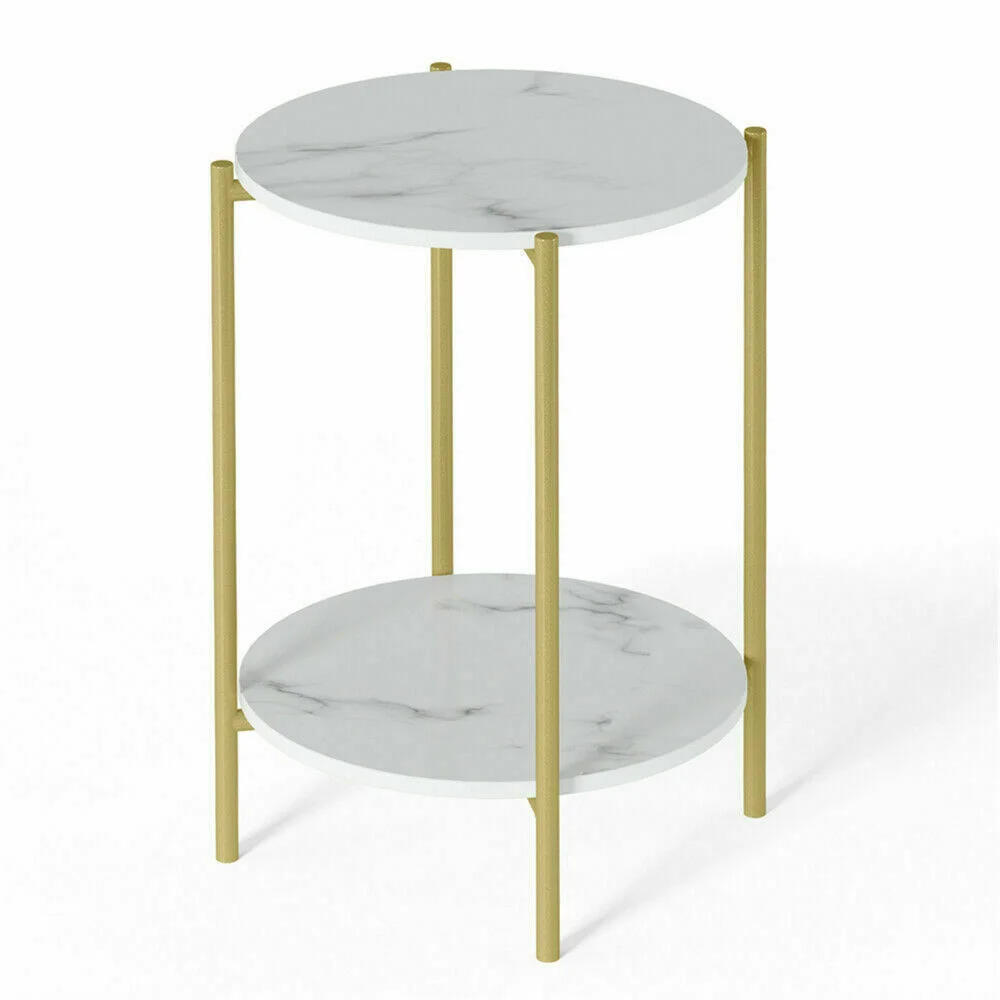 e Store - Marble Sofa Side End Table/Coffee Table with Shelf & Gold Iron Legs
