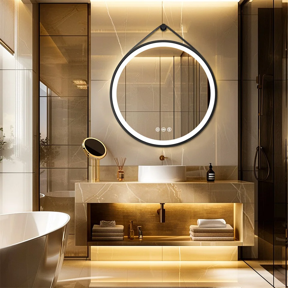 Round LED Bathroom Mirror with Anti-Fog & Black Frame