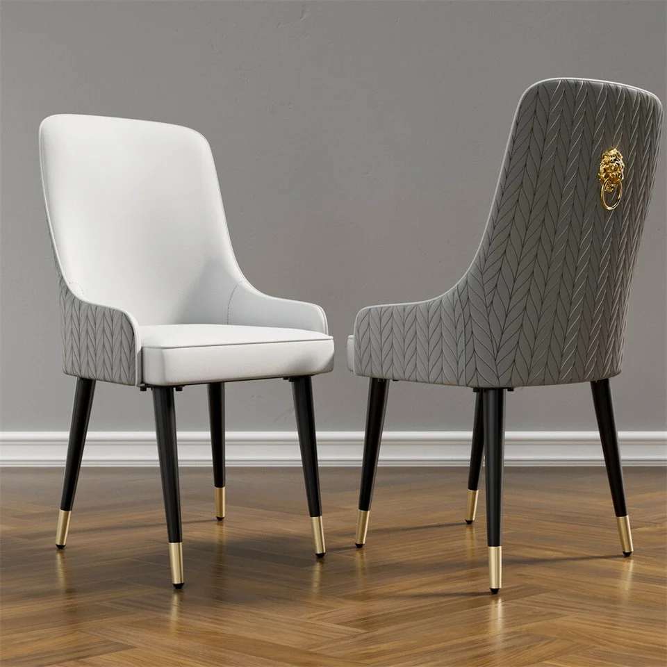 High-End Grey Dining Chairs Set of 2 Faux Leather Upholstered Kitchen Chairs with Gold Lion Head