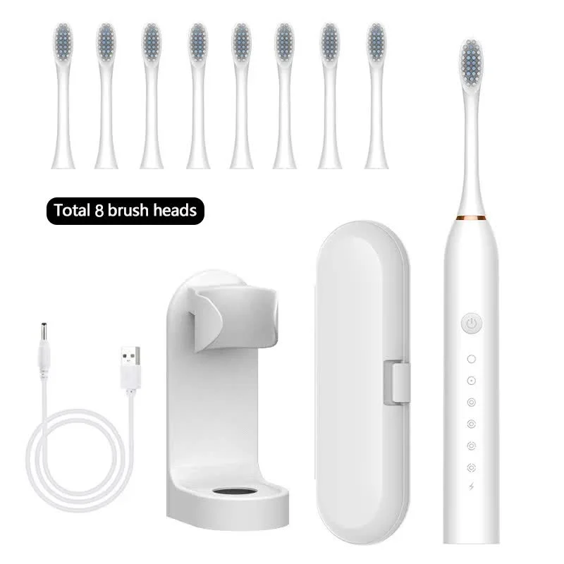 X-3 Sonic Electric Toothbrush in White, 8 Brush Heads, Travel Case, USB Charging, and Stand Included