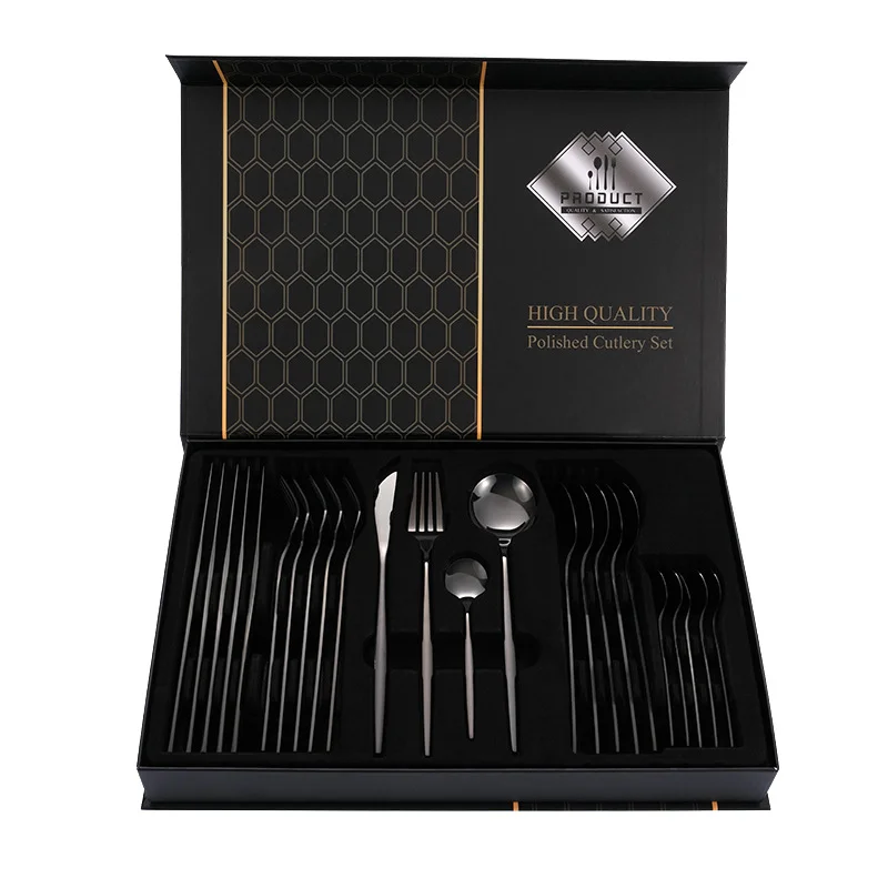 Black Color Premium 24-Piece Stainless Steel Cutlery Set - Elegant Golden Steak Knife, Fork, and Spoon Set in Luxury Gift Box