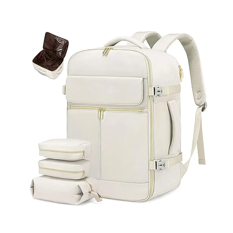 Beige 40L Large Capacity Travel Business Backpack with Expandable Compartments, Including 2 Toiletry Bags and Shoe Bag - Durable Oxford Fabric