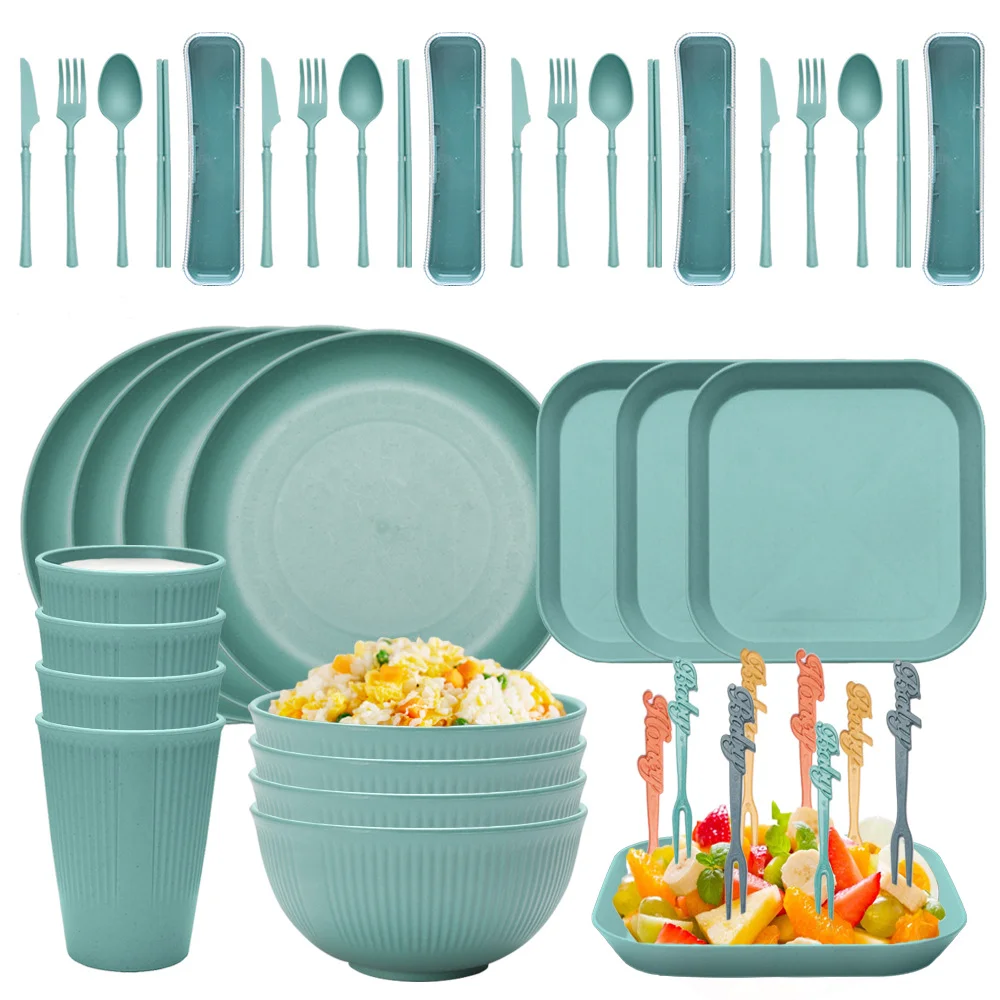 Four-person Set Green Eco-Friendly Wheat Straw Dinnerware Set, Plate, Bowl, Cup & Utensil Set - Lightweight, Reusable, and Durable for Home, School, and Travel