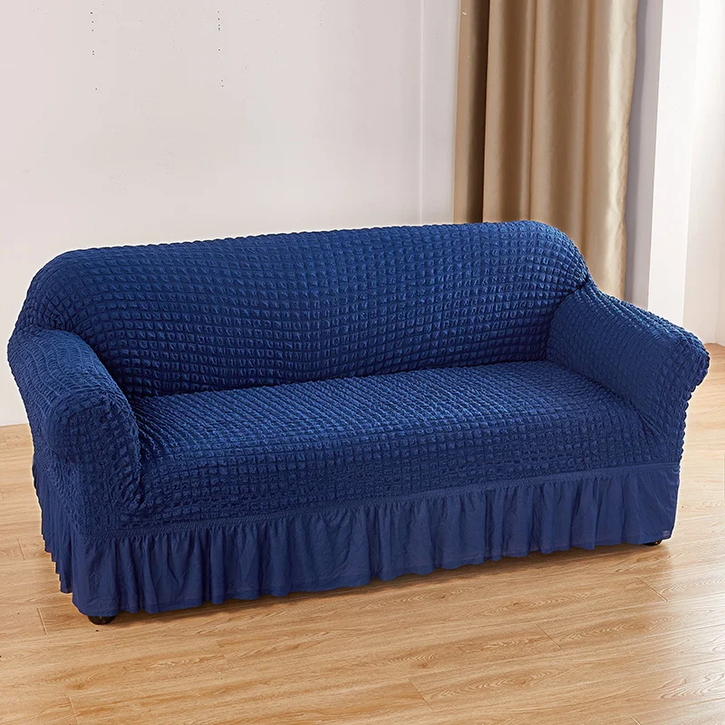 Navy Blue Double Sofa Bubble Gauze Sofa Cover with Skirt - Full Elastic Dustproof Double Seater 145-185cm