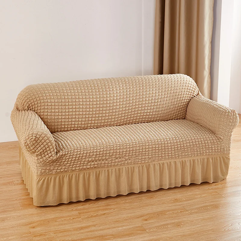 Beige Three-person Sofa Bubble Gauze Sofa Cover with Skirt - Full Elastic Dustproof Three-person Seater 190-230cm
