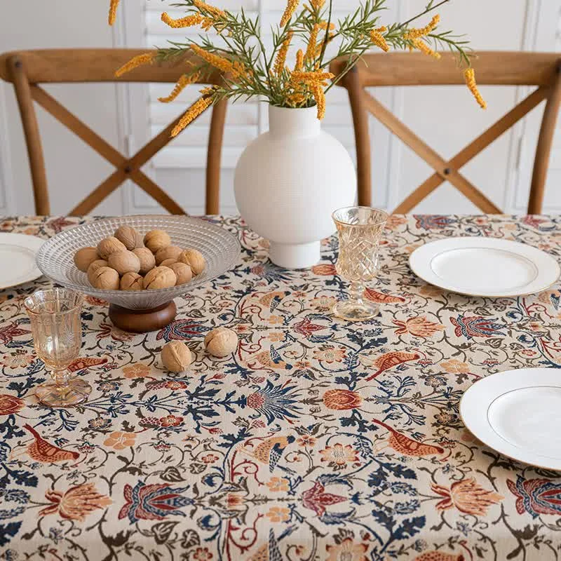 Floral Vintage Bird Tassel Tablecloth | Vintage Cotton and Linen Jacquard Tablecloth, 90*140cm