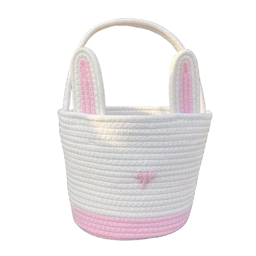 Pink And White Stitching Charming Easter Egg Tote Basket - Cute Rabbit-Themed Handwoven Cotton Rope Candy Holder