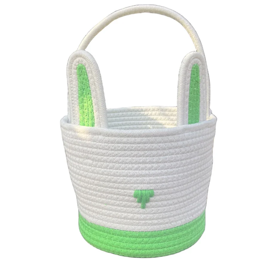 Green And White Stitching Charming Easter Egg Tote Basket - Cute Rabbit-Themed Handwoven Cotton Rope Candy Holder