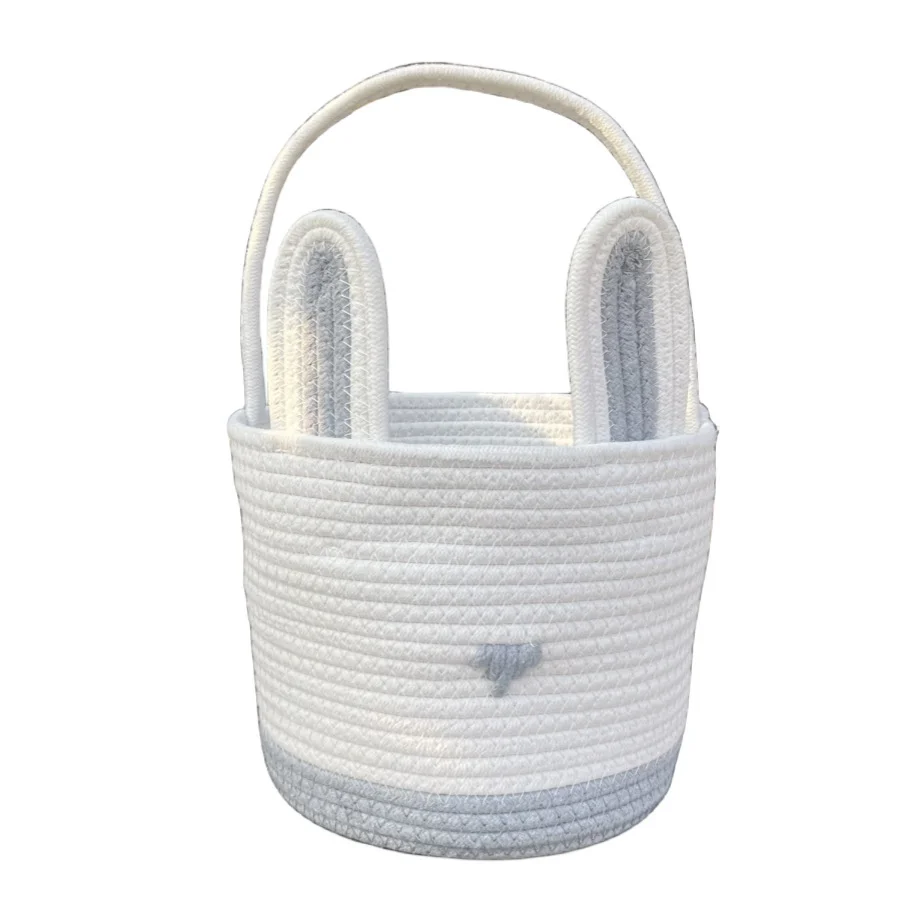 Grey And White Stitching Charming Easter Egg Tote Basket - Cute Rabbit-Themed Handwoven Cotton Rope Candy Holder